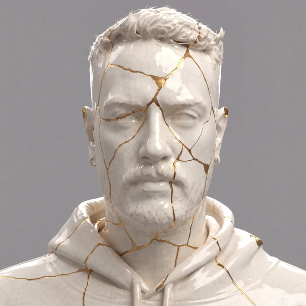 The same sculpted head rendered in cracked white porcelain repaired with gold seams.