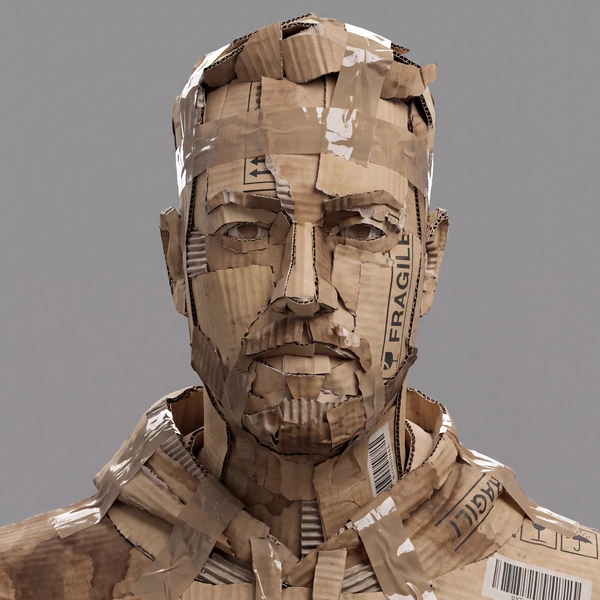 The same sculpted head rendered in folded and taped cardboard.