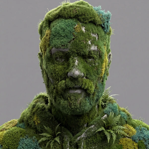 The same sculpted head rendered in moss and ferns.