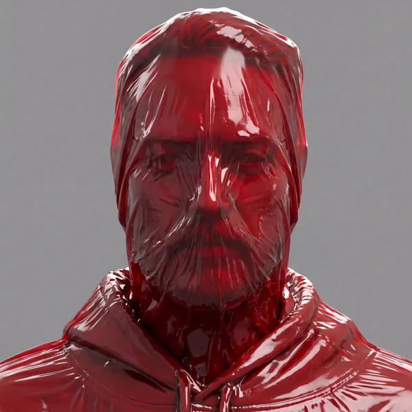 The same sculpted head vacuum-sealed under glossy red plastic film.