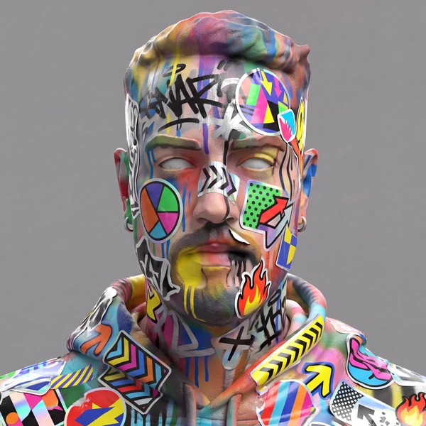 The same sculpted head rendered in stickers and marker graffiti.