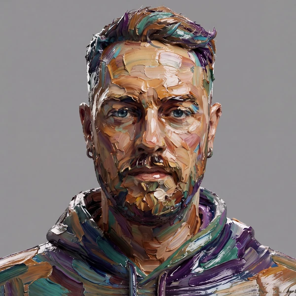 The same sculpted head rendered in thick oil-paint strokes.