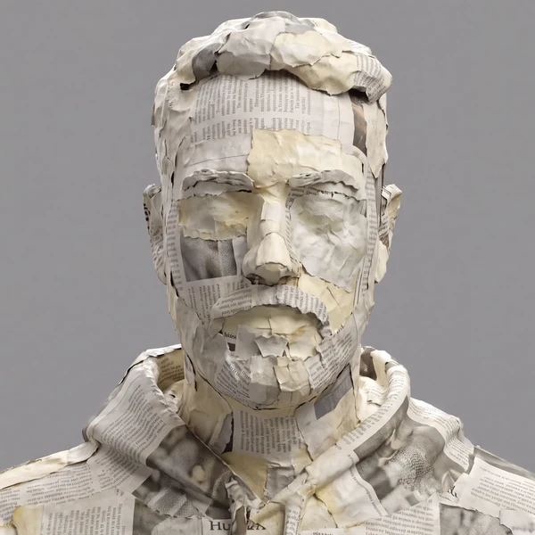 The same sculpted head rendered in layered newspaper papier-mâché.