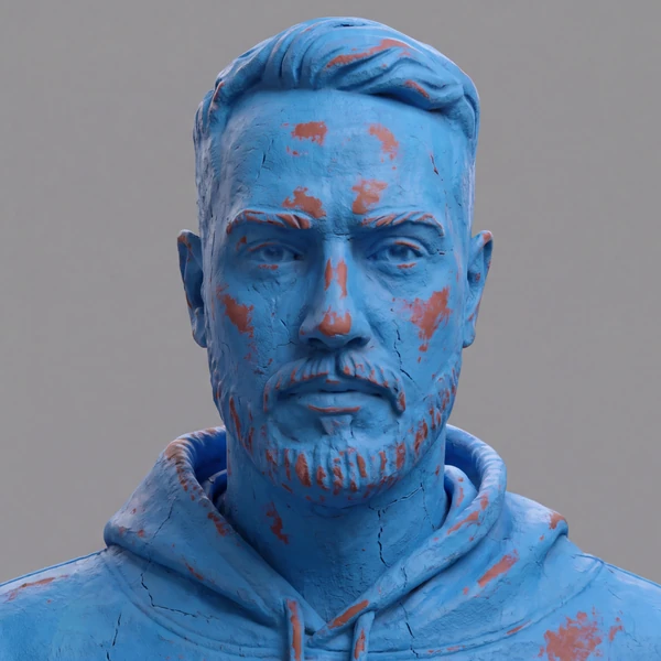 The same sculpted head rendered in blue clay with terracotta flecks.