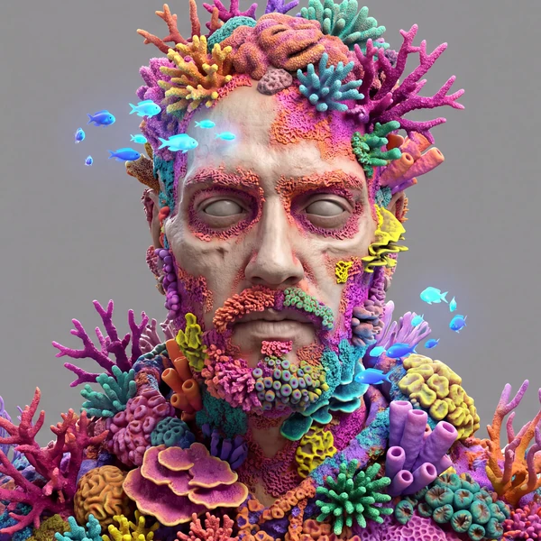 The same sculpted head rendered in coral, anemones and reef fish.
