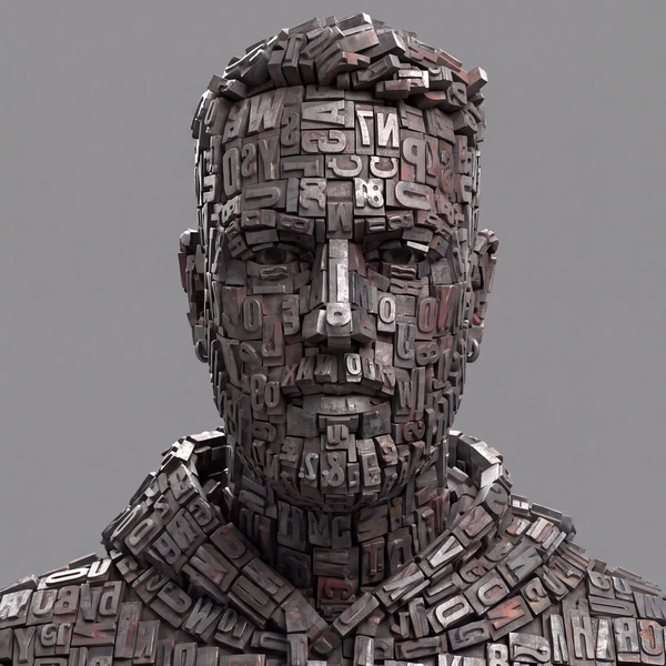 The same sculpted head rendered in assembled metal letterpress type.
