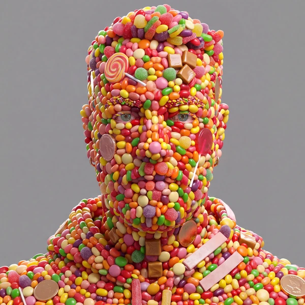 The same sculpted head rendered in boiled sweets and jelly beans.