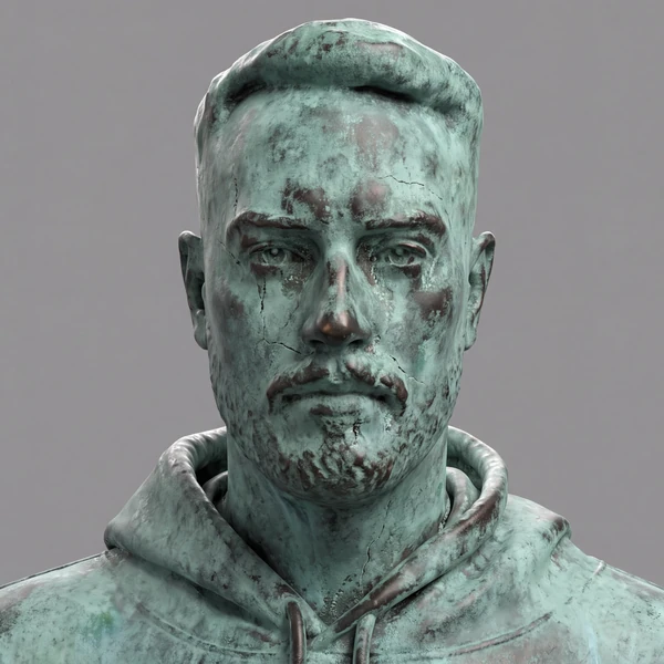 The same sculpted head rendered in oxidised verdigris bronze.