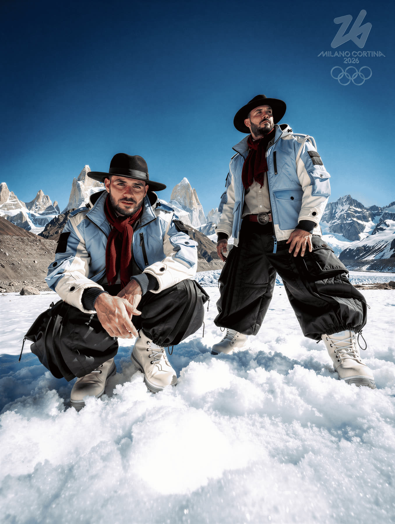 Two athletes on a snow ridge in the light blue and white kit.