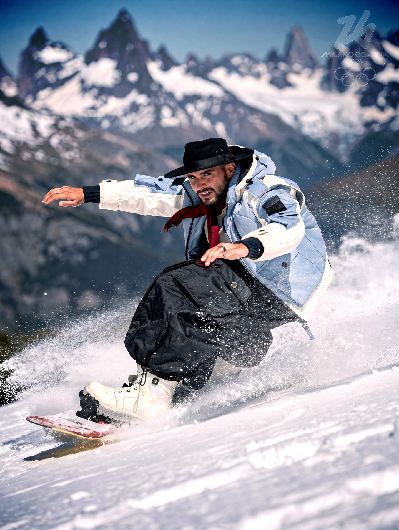 Athlete carving a snowboard turn through loose powder, hat and neckerchief on, peaks behind.