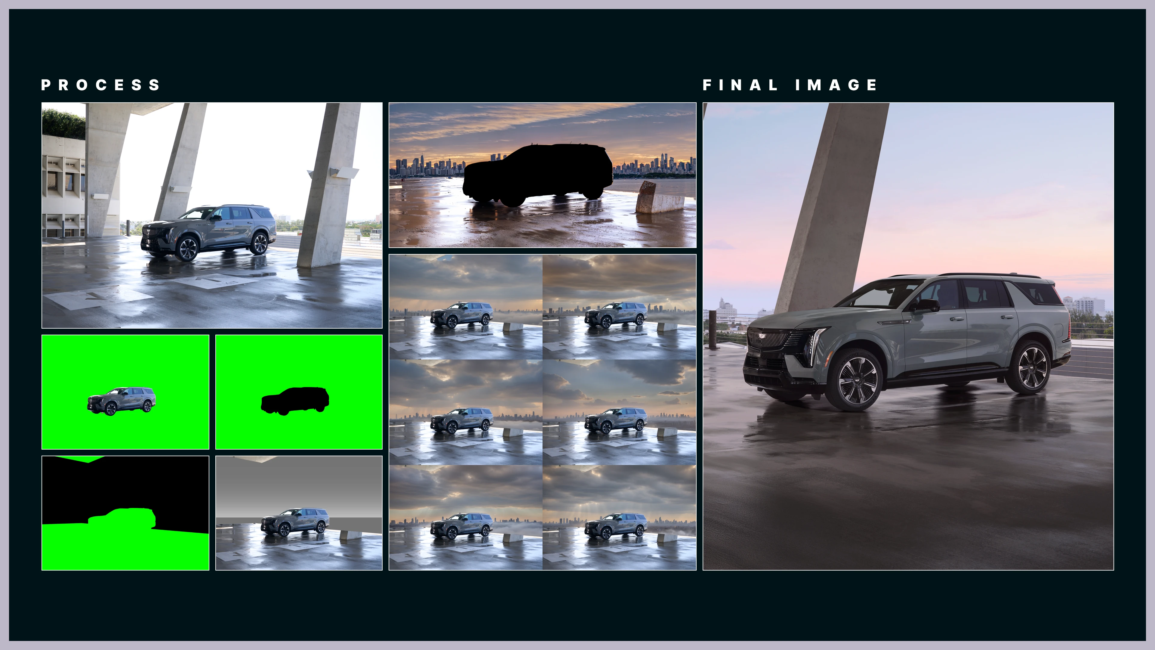 Compositing breakdown behind the frame: the source plate, green-screen mattes, environment variants and the finished grade.