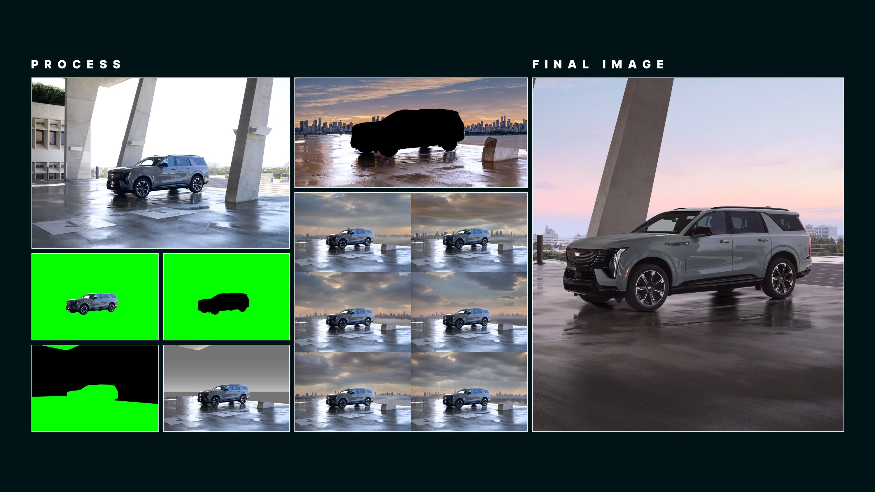 Exterior breakdown board: the source plate of the Escalade IQ on a wet parking deck, two green-screen mattes and an alpha silhouette, six environment variants tested behind the car, and the finished frame at right.