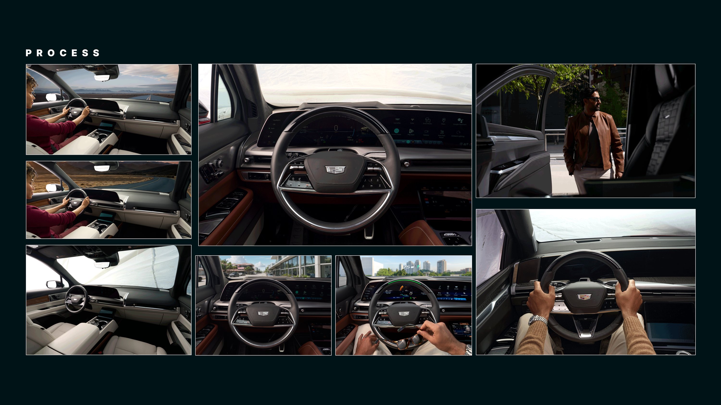 Interior breakdown board: cabin views with the world beyond the glass replaced, from a desert highway to a city street and a bridge, while the dashboard, the wheel and the reflections hold.