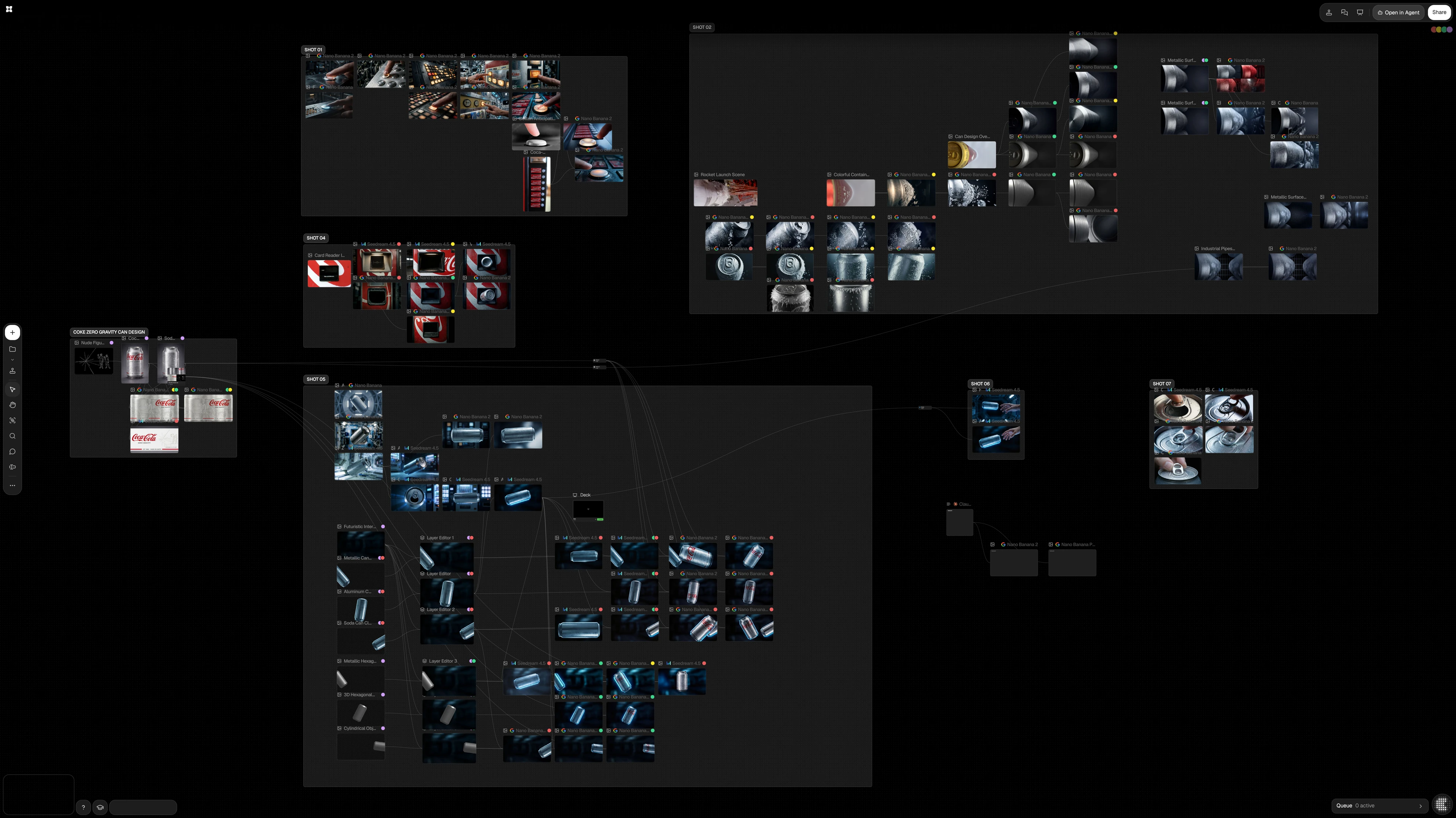 Canvas board of the film: shots, variants and connections laid out as a sequence.