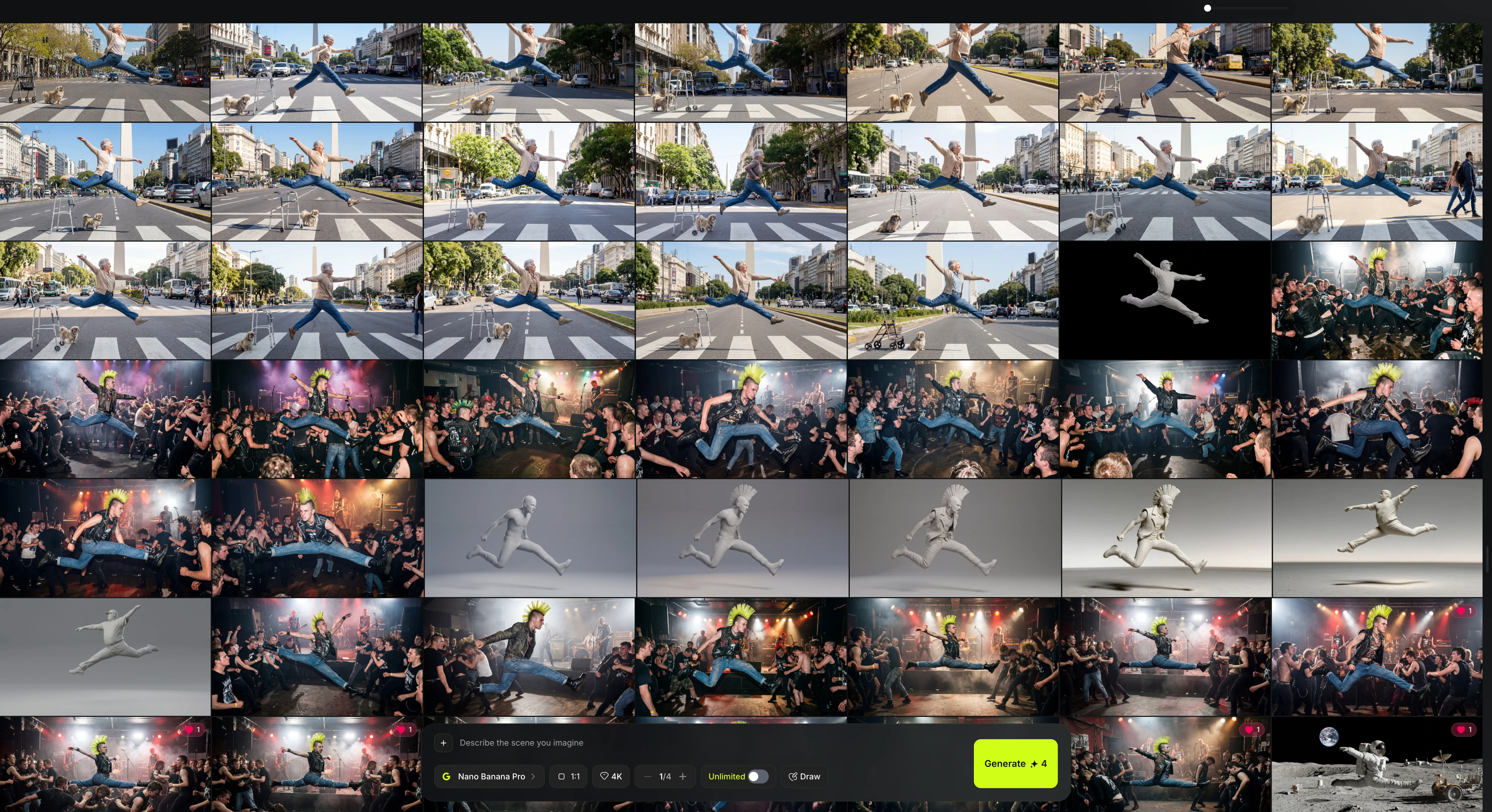 Higgsfield canvas: a full grid of generated jump variants, including the Buenos Aires crossing, the gig crowd and the clay render passes, with the prompt bar below.