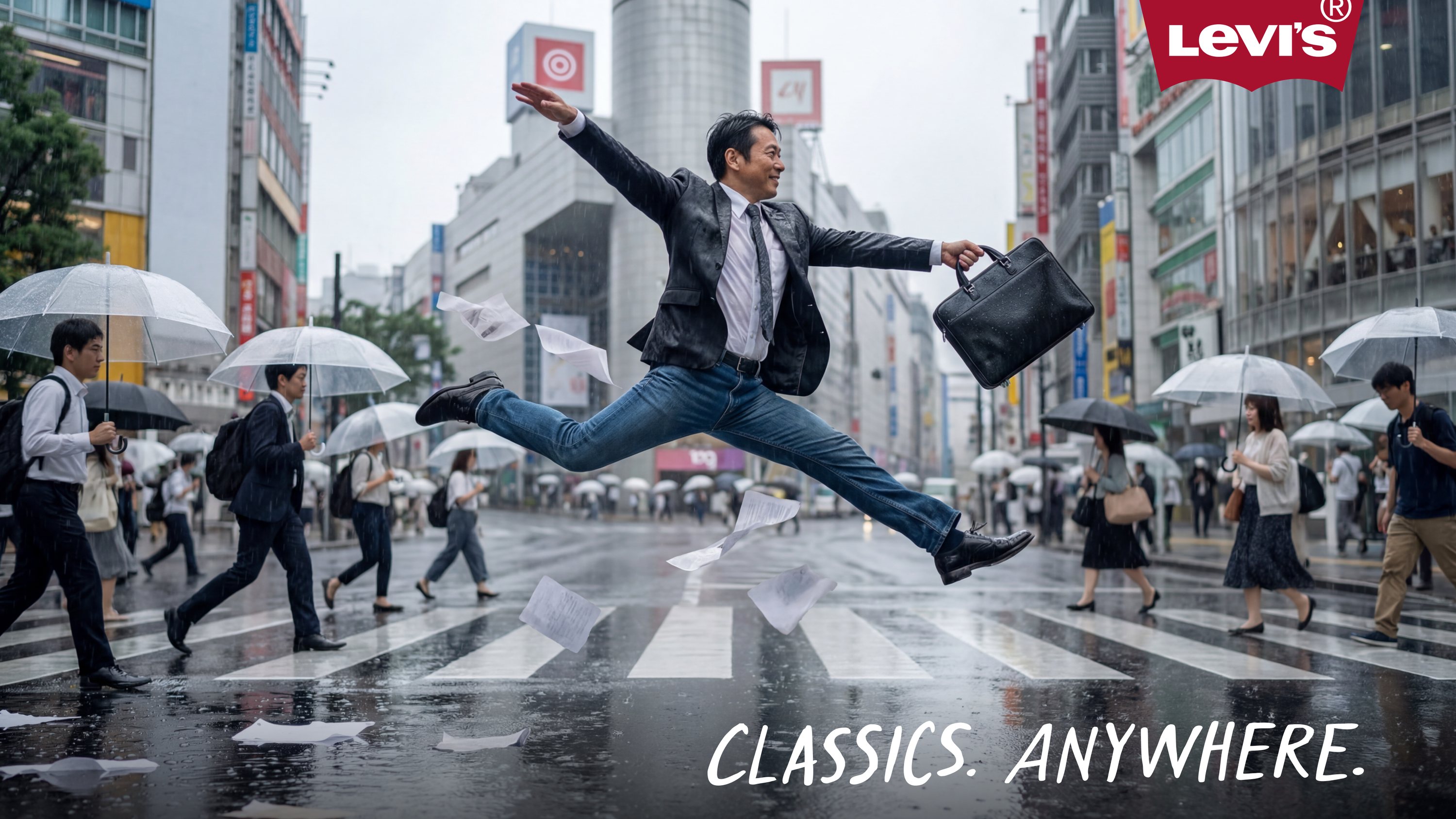Businessman leaping across a rainy Shibuya crossing in Levi's jeans