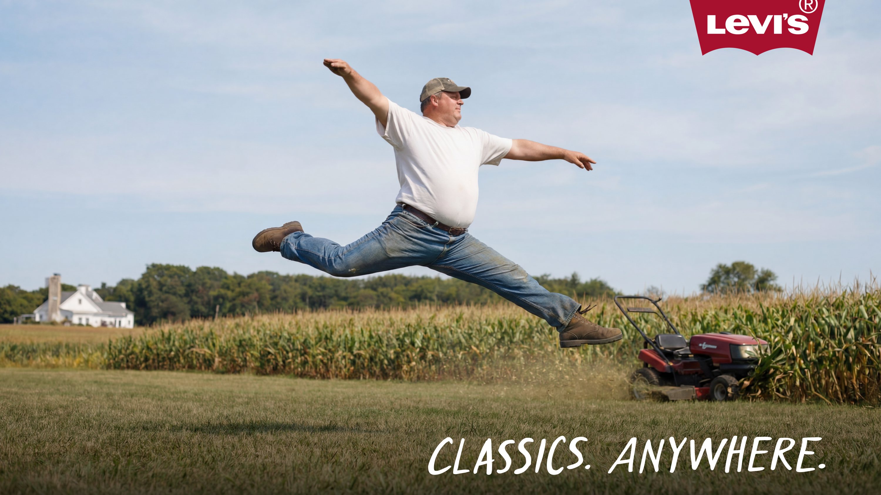 Farmer leaping over a lawn mower in a cornfield in Levi's jeans