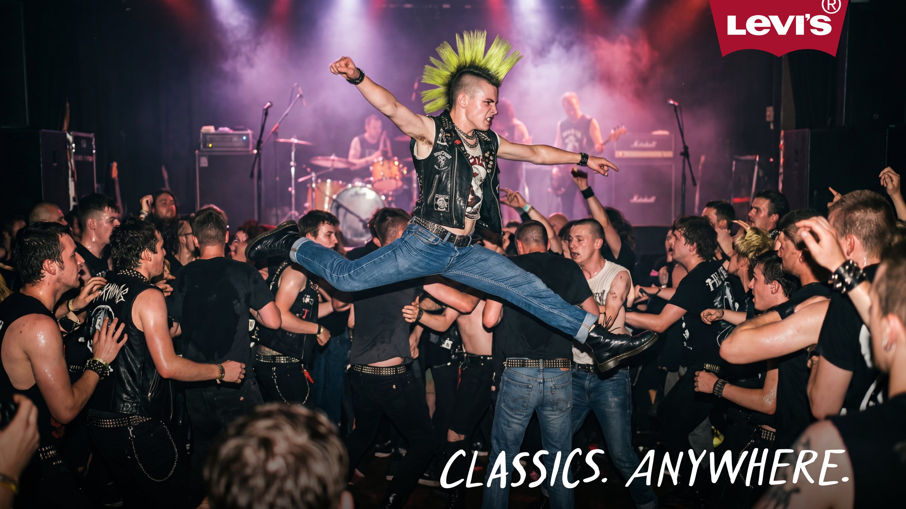 Punk with a green mohawk crowd-surfing at a gig in Levi's jeans