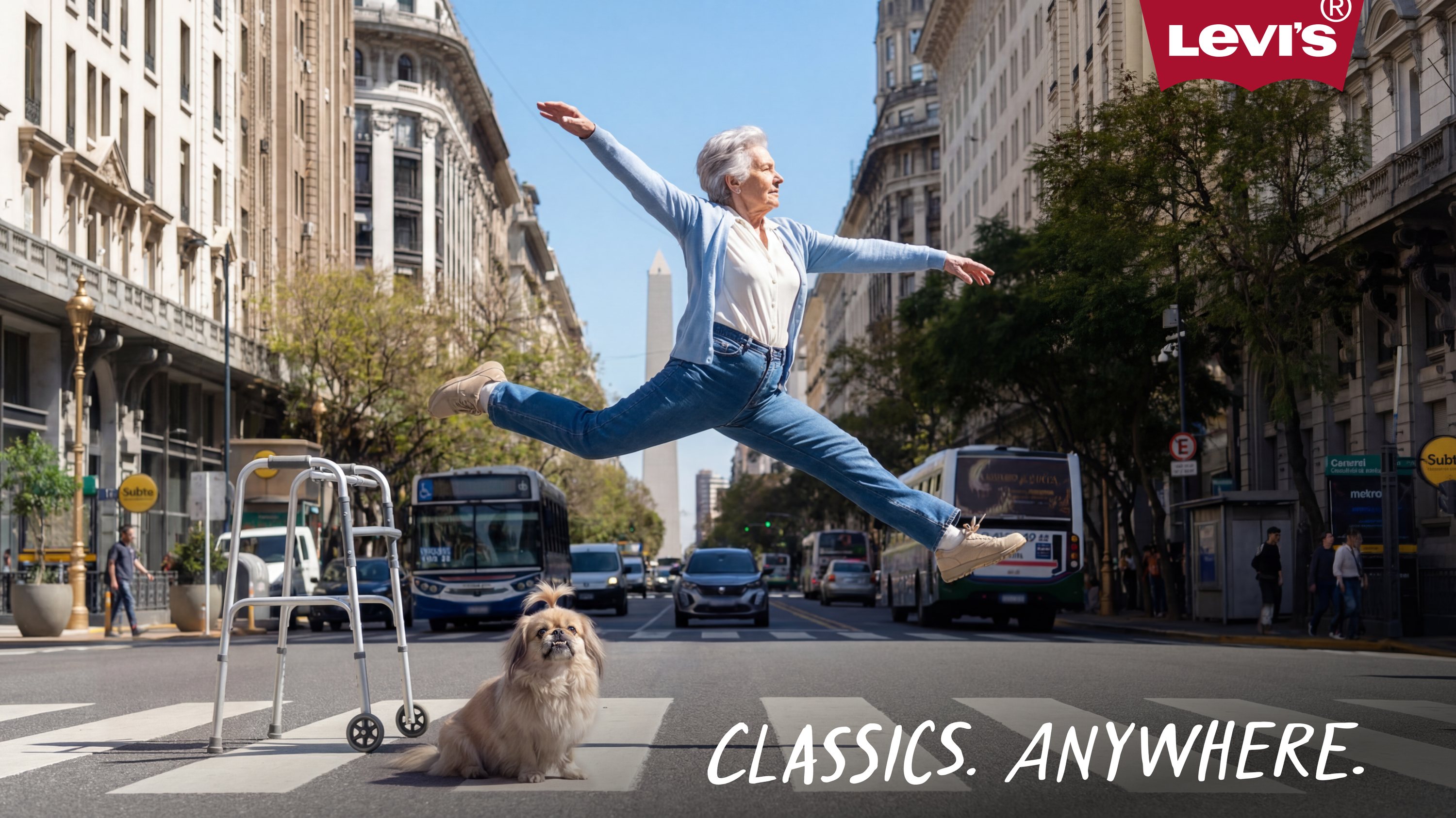 Older woman leaping across a Buenos Aires street in Levi's jeans, walker and small dog beside her