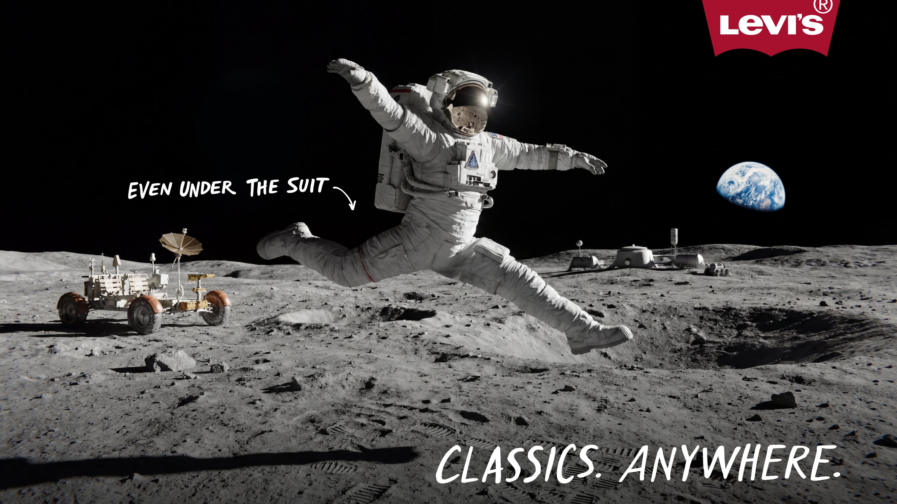 Astronaut leaping across the lunar surface in a suit and Levi's jeans
