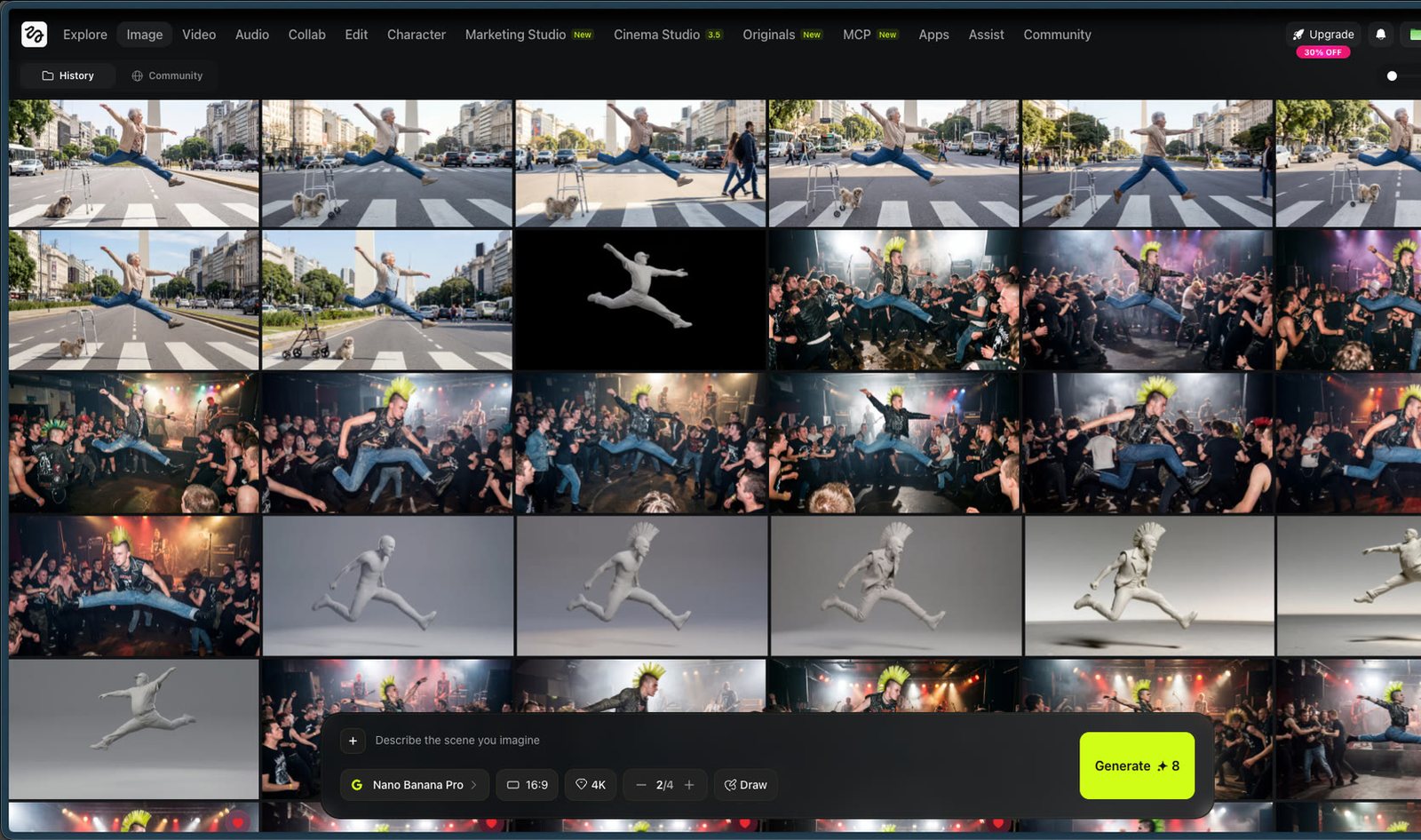 Higgsfield history grid: rows of generated leap variants across the Buenos Aires avenue, the gig crowd and the grey pose renders, with the prompt bar and model selector below.