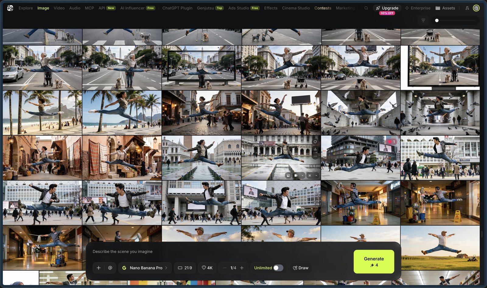 Higgsfield history scrolled further: the same leap carried into a beach, a Venice canal, a market arcade and a Tokyo crossing, with the prompt bar set to 21:9 at 4K.